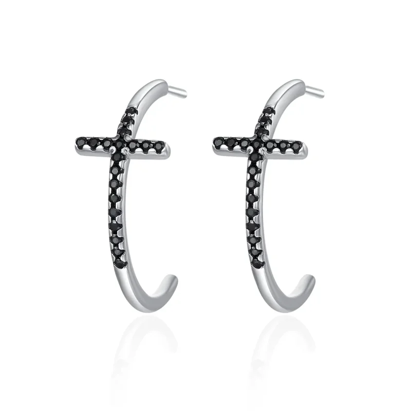 (image for) Silver Modern Cross Hanging Earrings - PANDORA Style - SCE262 - Product Image