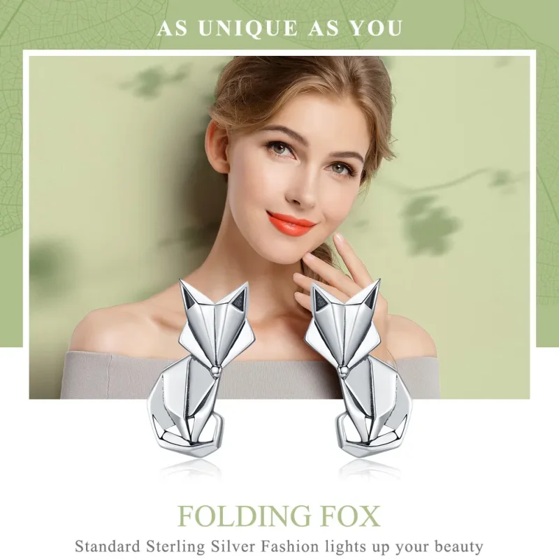 (image for) Silver Origami Fox Stud Earrings - PANDORA Style - SCE526 - View 2