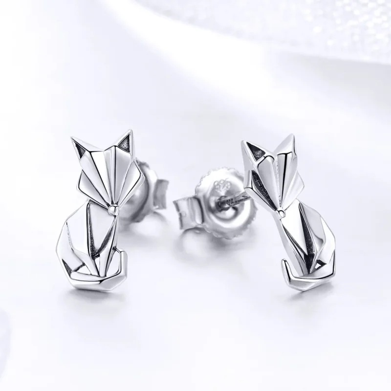 (image for) Silver Origami Fox Stud Earrings - PANDORA Style - SCE526 - View 3