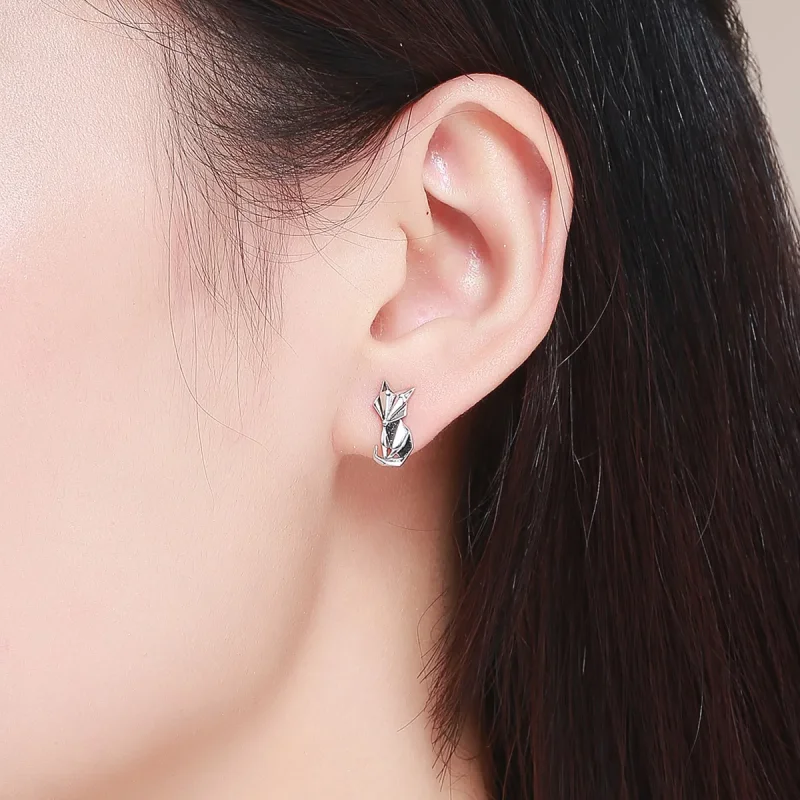 (image for) Silver Origami Fox Stud Earrings - PANDORA Style - SCE526 - View 5