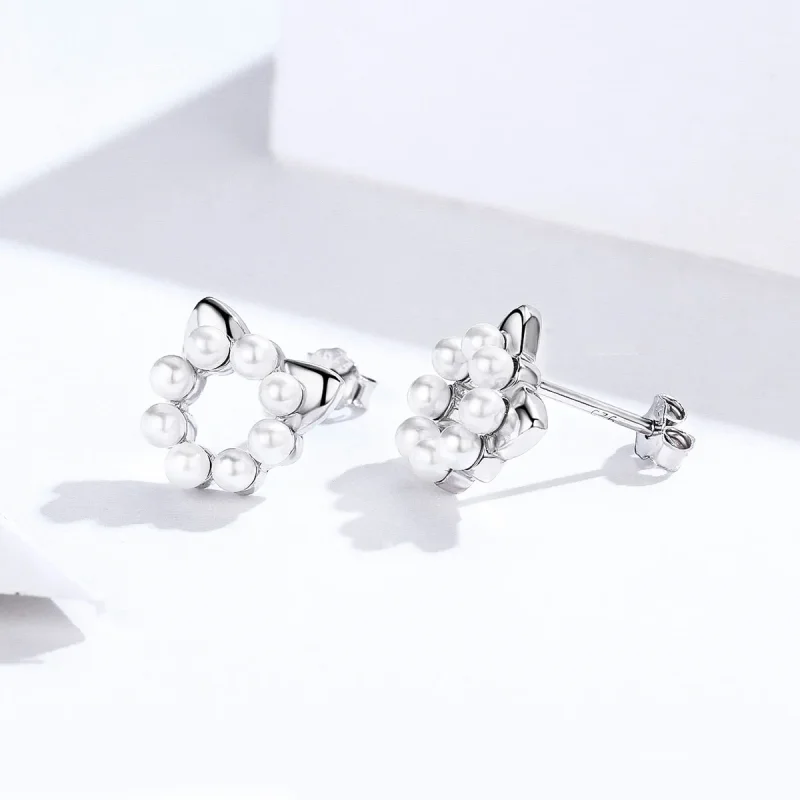 (image for) Silver Pearl Cat Stud Earrings - PANDORA Style - SCE688 - View 2