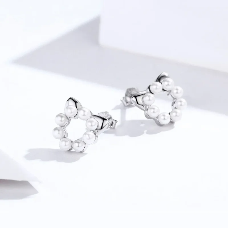 (image for) Silver Pearl Cat Stud Earrings - PANDORA Style - SCE688 - View 3