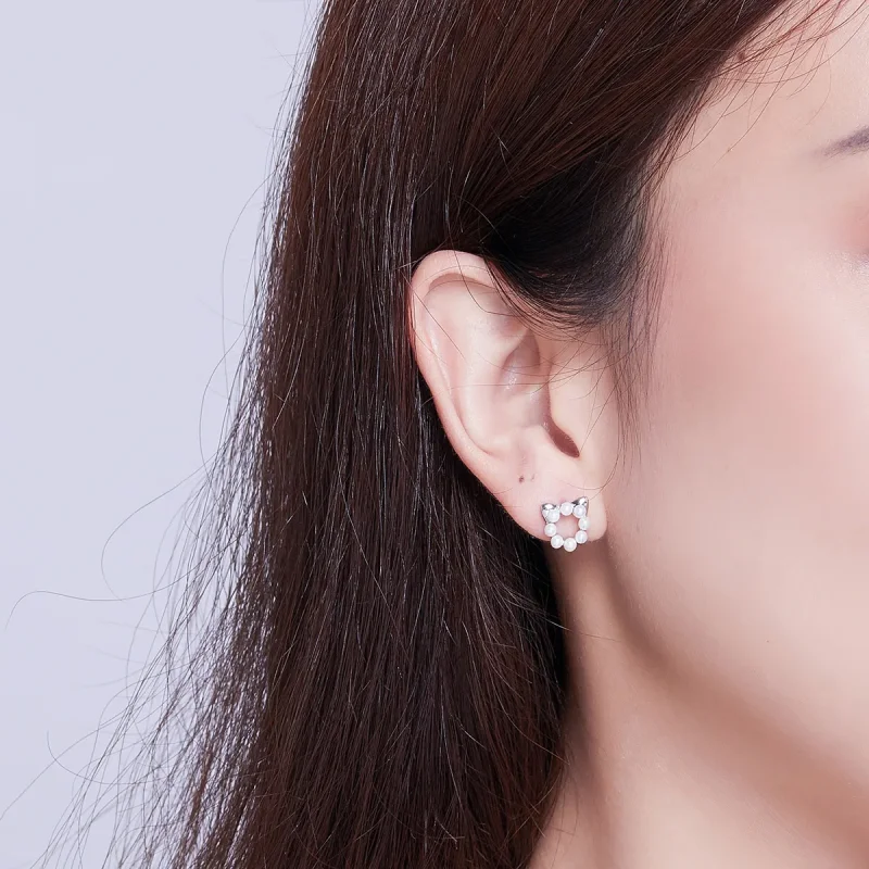 (image for) Silver Pearl Cat Stud Earrings - PANDORA Style - SCE688 - View 4