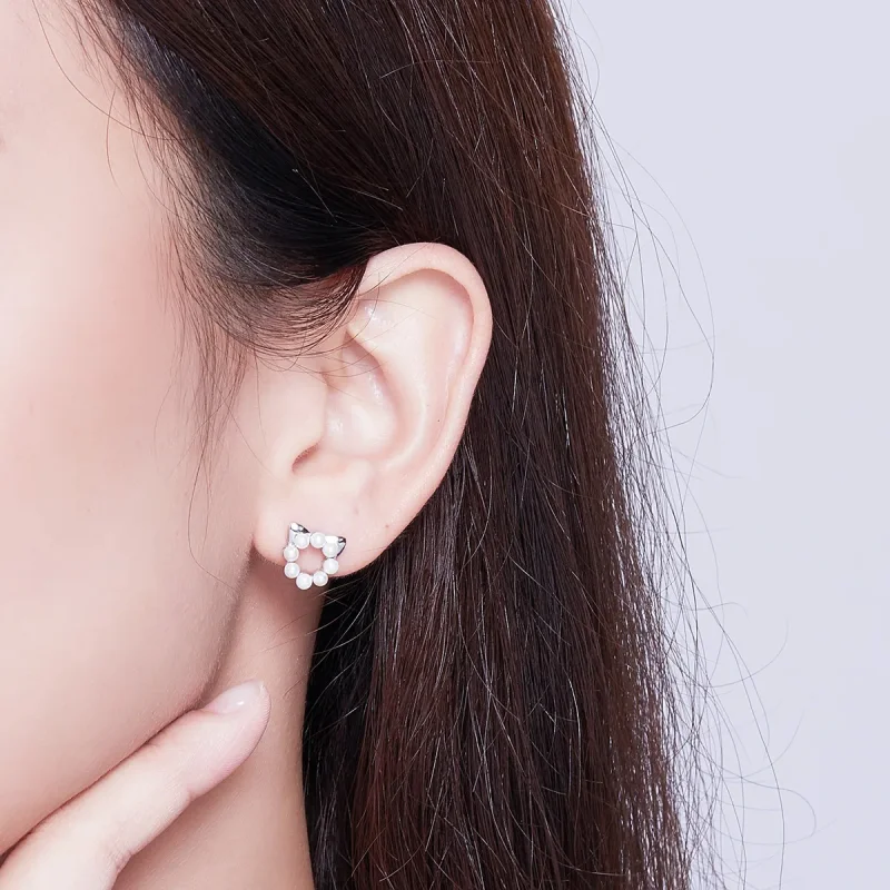 (image for) Silver Pearl Cat Stud Earrings - PANDORA Style - SCE688 - View 5
