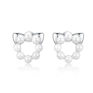 (image for) Silver Pearl Cat Stud Earrings - PANDORA Style - SCE688