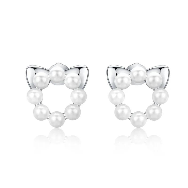 (image for) Silver Pearl Cat Stud Earrings - PANDORA Style - SCE688 - Product Image