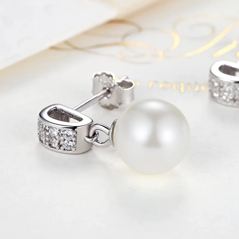 (image for) Silver Pearl Hanging Earrings - PANDORA Style - SCE006 - View 3