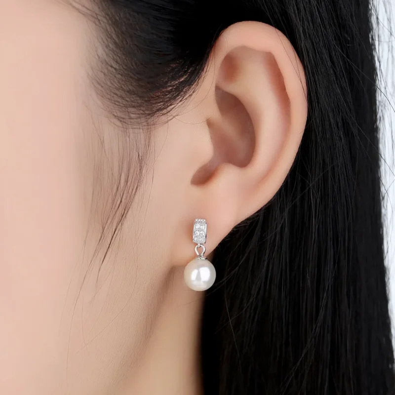 (image for) Silver Pearl Hanging Earrings - PANDORA Style - SCE006 - View 4
