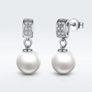 (image for) Silver Pearl Hanging Earrings - PANDORA Style - SCE006