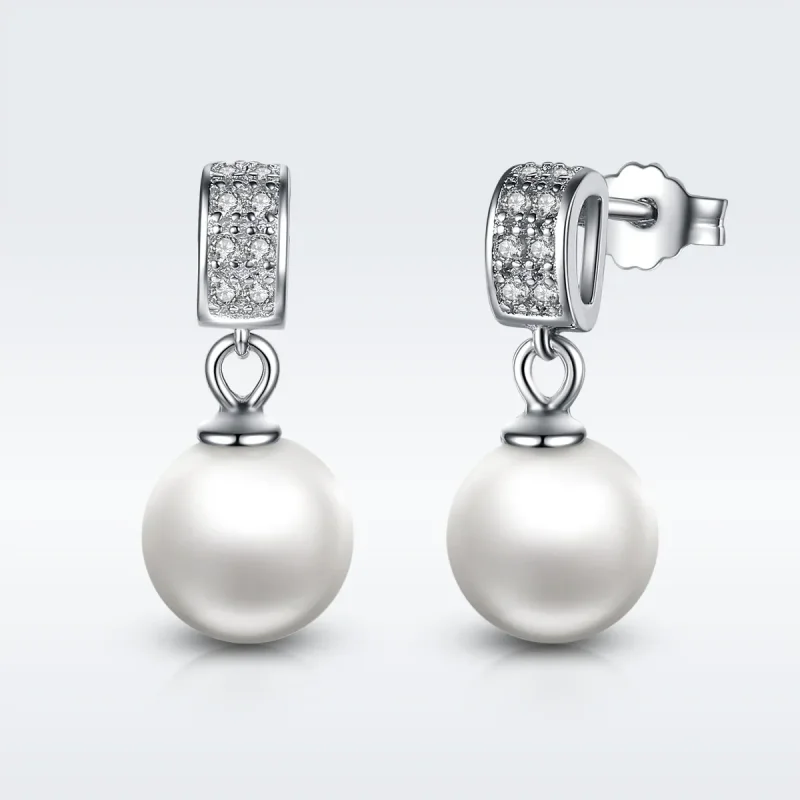(image for) Silver Pearl Hanging Earrings - PANDORA Style - SCE006 - Product Image