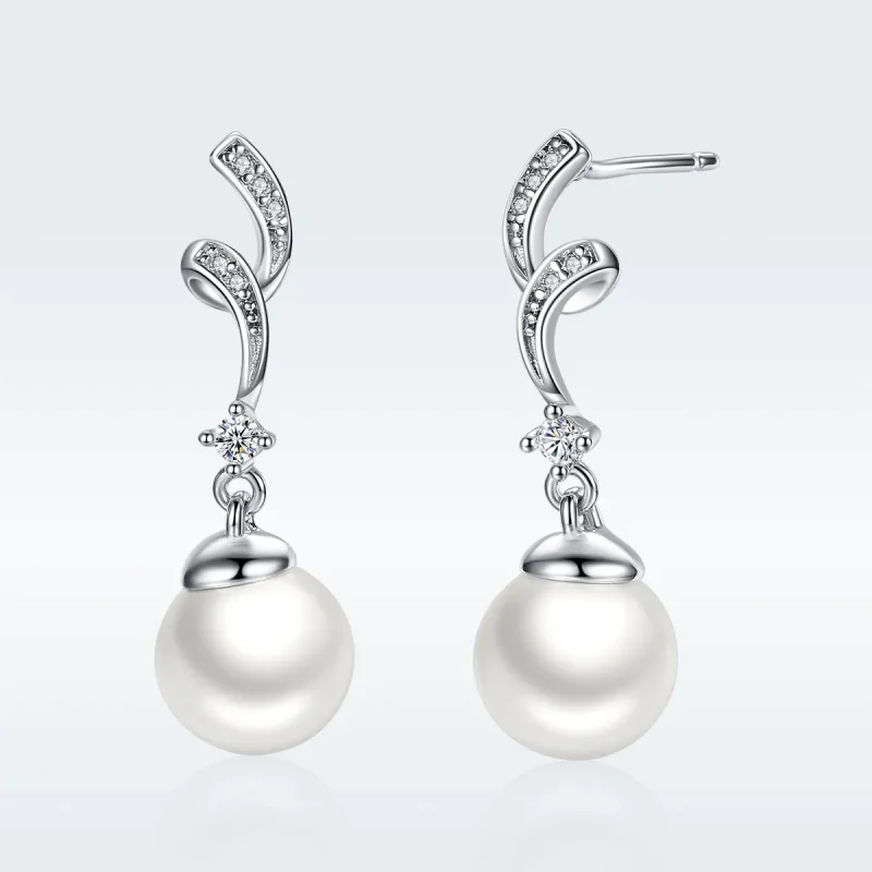 (image for) Silver Pearl Hanging Earrings - PANDORA Style - SCE035 - View 2
