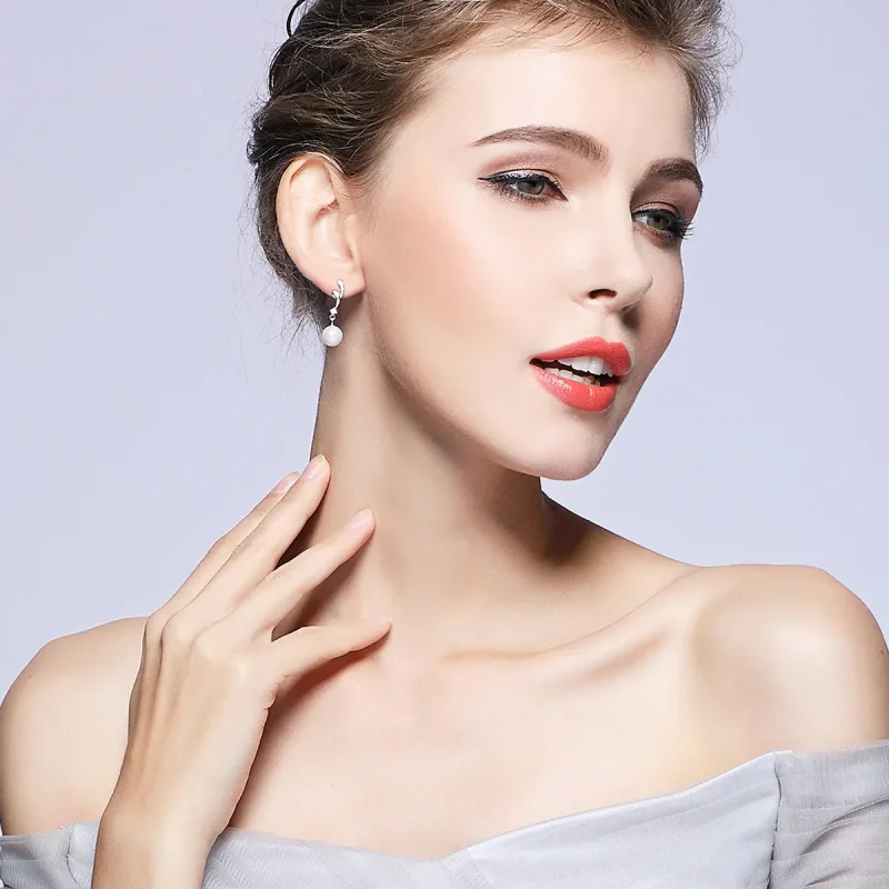 (image for) Silver Pearl Hanging Earrings - PANDORA Style - SCE035 - View 3