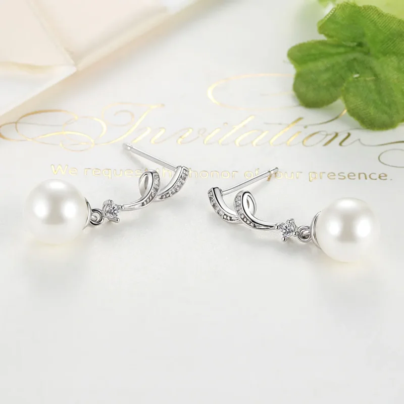 (image for) Silver Pearl Hanging Earrings - PANDORA Style - SCE035 - View 4