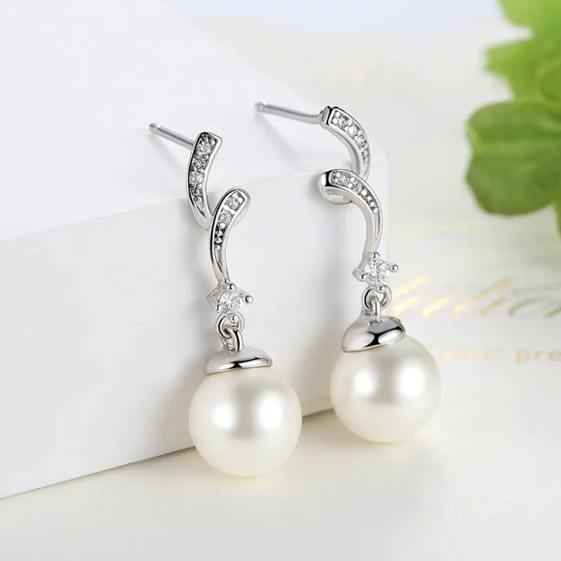 (image for) Silver Pearl Hanging Earrings - PANDORA Style - SCE035 - View 5