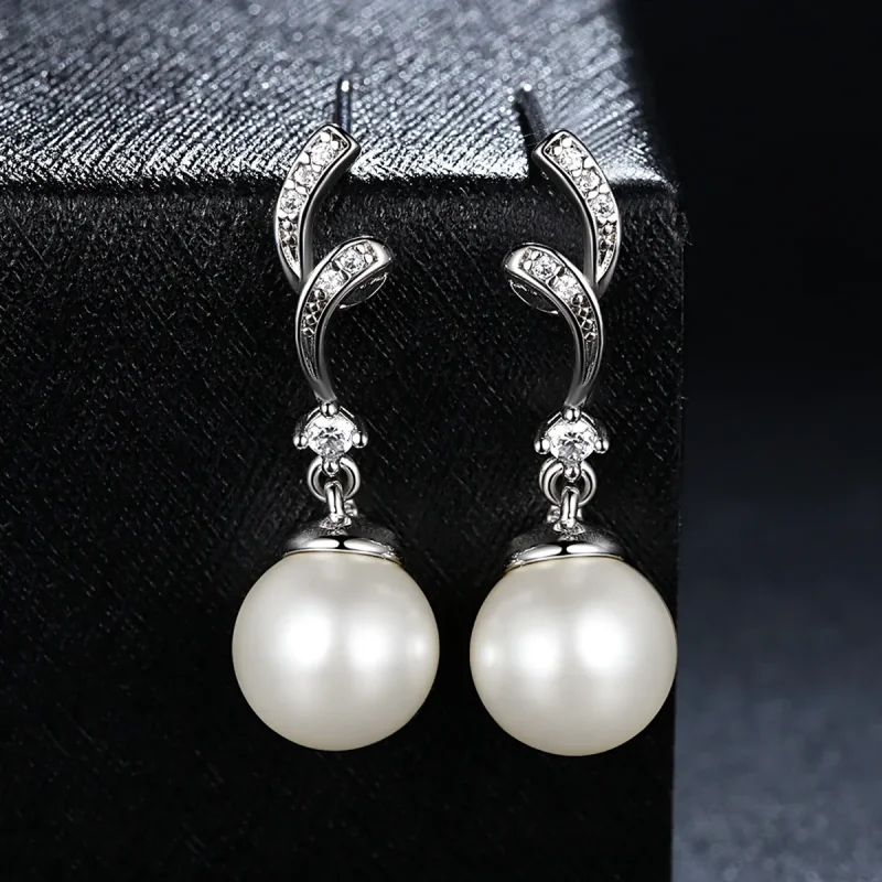 (image for) Silver Pearl Hanging Earrings - PANDORA Style - SCE035 - View 6