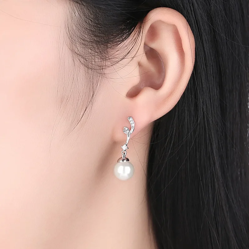 (image for) Silver Pearl Hanging Earrings - PANDORA Style - SCE035 - View 7