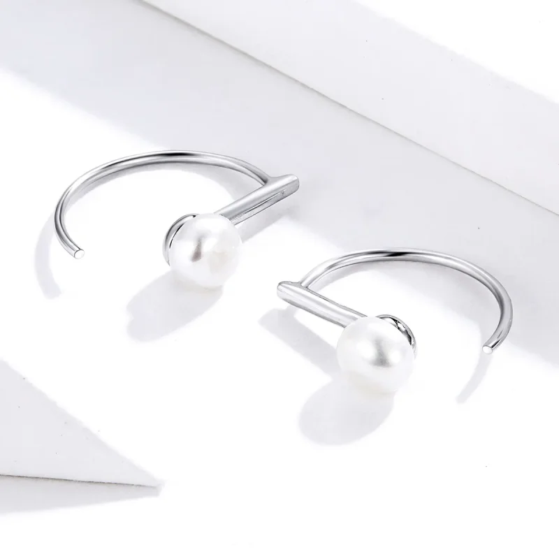 (image for) Silver Pearl Hanging Earrings - PANDORA Style - SCE604-A - View 2