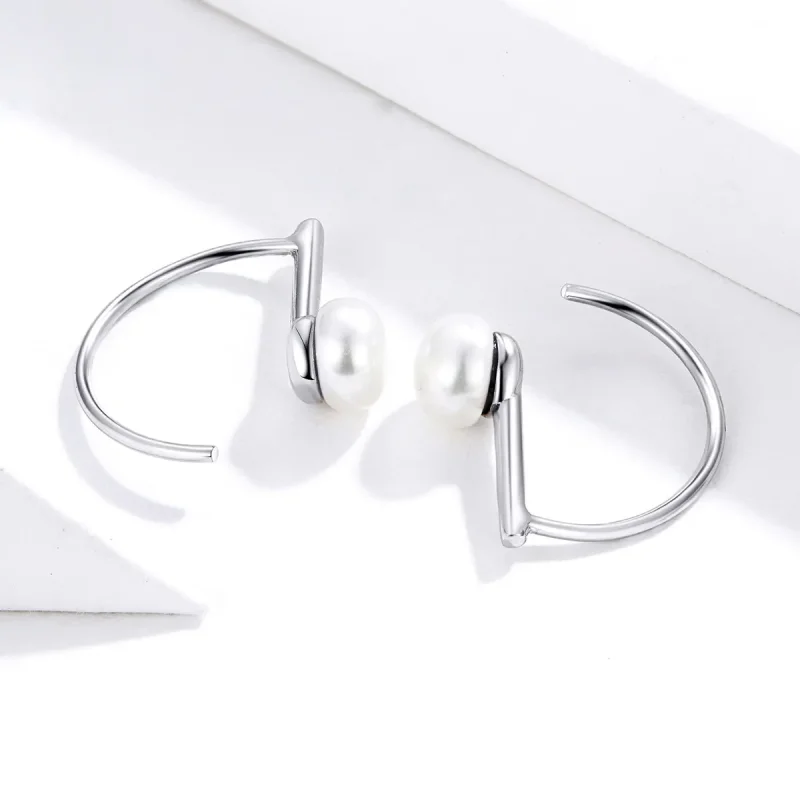 (image for) Silver Pearl Hanging Earrings - PANDORA Style - SCE604-A - View 3
