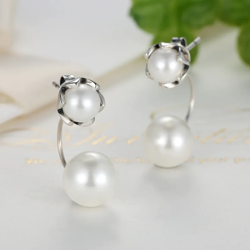 (image for) Silver Pearl Stud Earrings - PANDORA Style - SCE002 - View 4