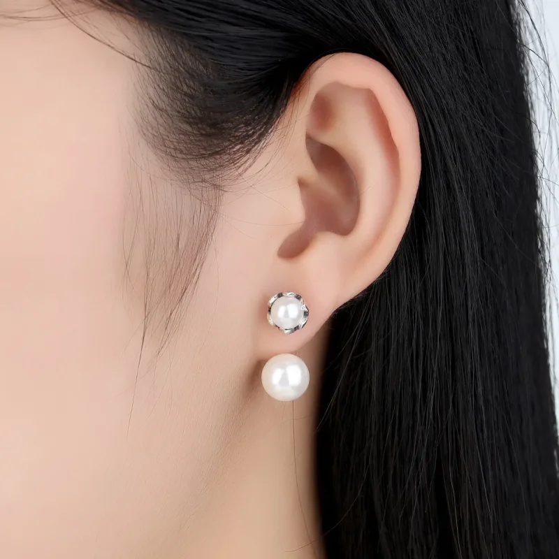 (image for) Silver Pearl Stud Earrings - PANDORA Style - SCE002 - View 5