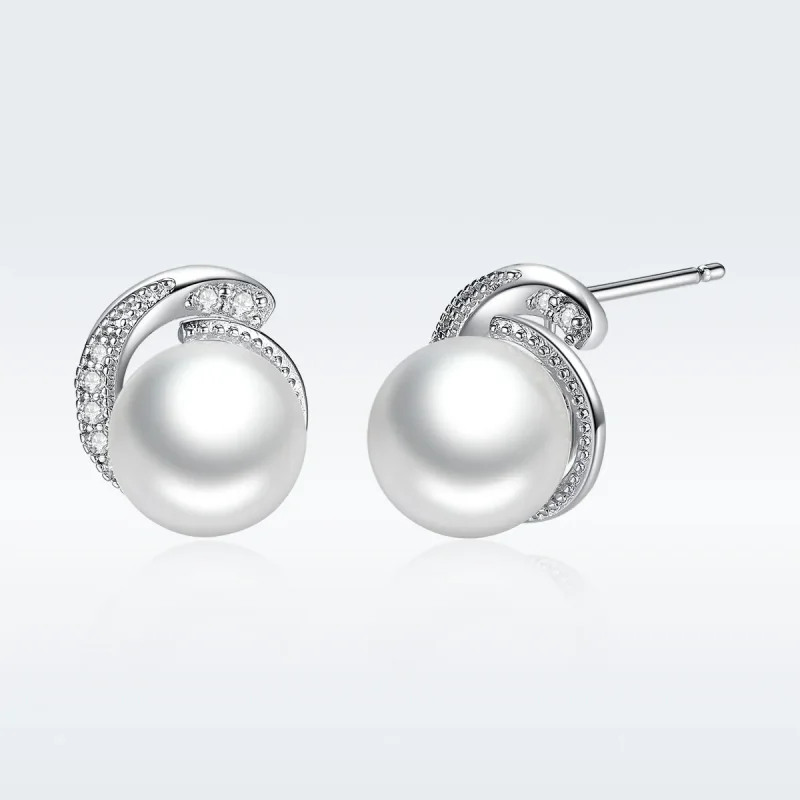 (image for) Silver Pearl Stud Earrings - PANDORA Style - SCE021 - View 2
