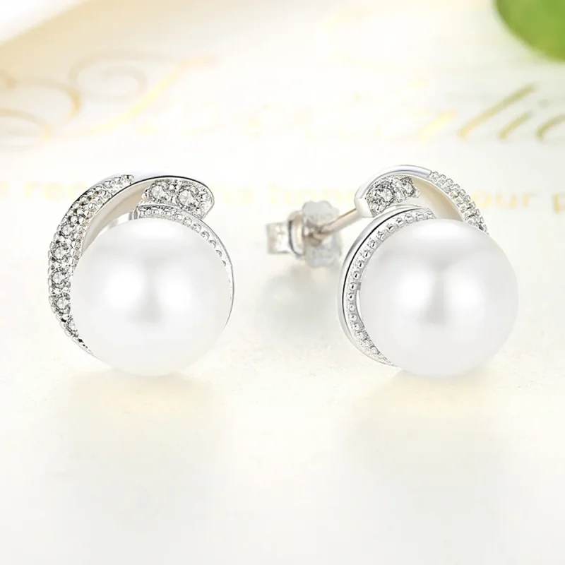 (image for) Silver Pearl Stud Earrings - PANDORA Style - SCE021 - View 3