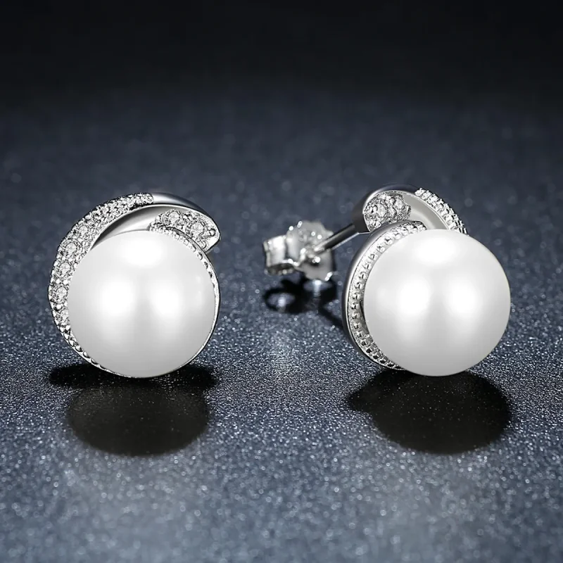 (image for) Silver Pearl Stud Earrings - PANDORA Style - SCE021 - View 5