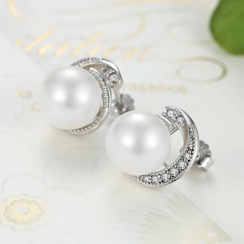 (image for) Silver Pearl Stud Earrings - PANDORA Style - SCE021 - View 6