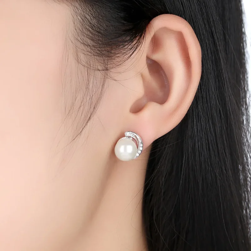 (image for) Silver Pearl Stud Earrings - PANDORA Style - SCE021 - View 7
