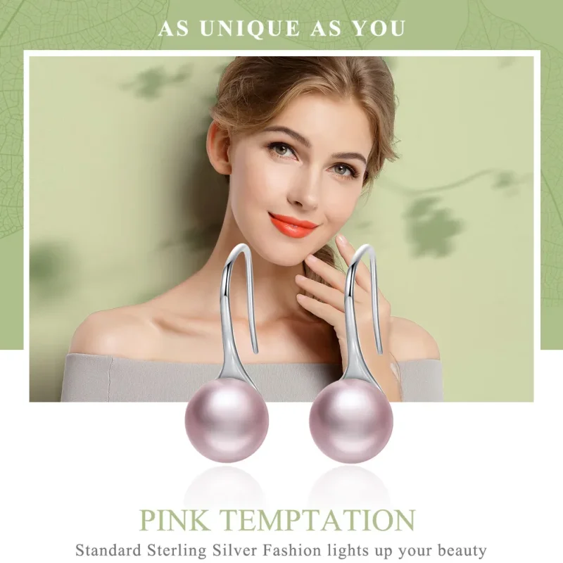 (image for) Silver Pink Pearl Hanging Earrings - PANDORA Style - SCE145 - View 2