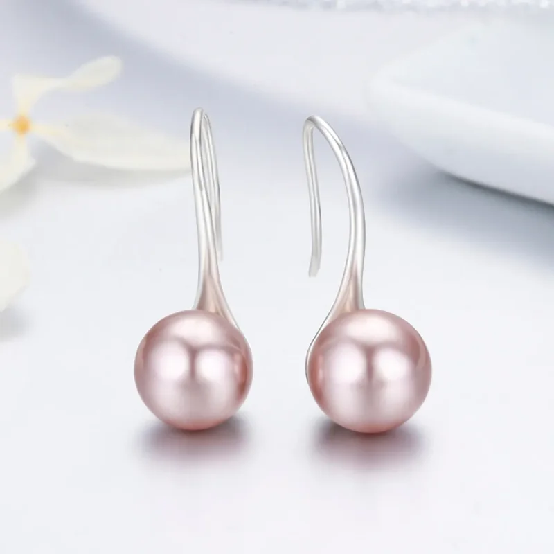 (image for) Silver Pink Pearl Hanging Earrings - PANDORA Style - SCE145 - View 4