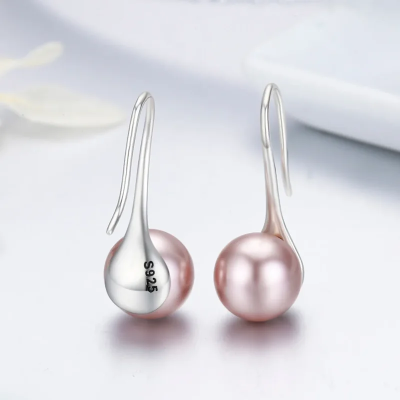 (image for) Silver Pink Pearl Hanging Earrings - PANDORA Style - SCE145 - View 5