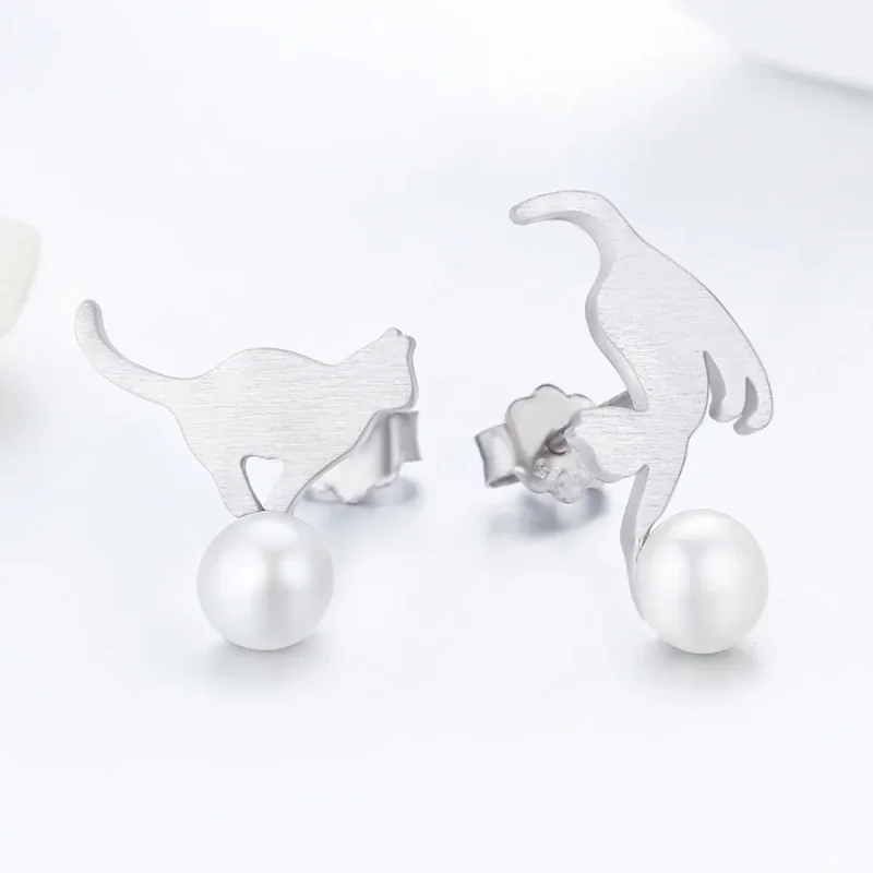 (image for) Silver Playful Kitten Stud Earrings - PANDORA Style - SCE235 - View 4