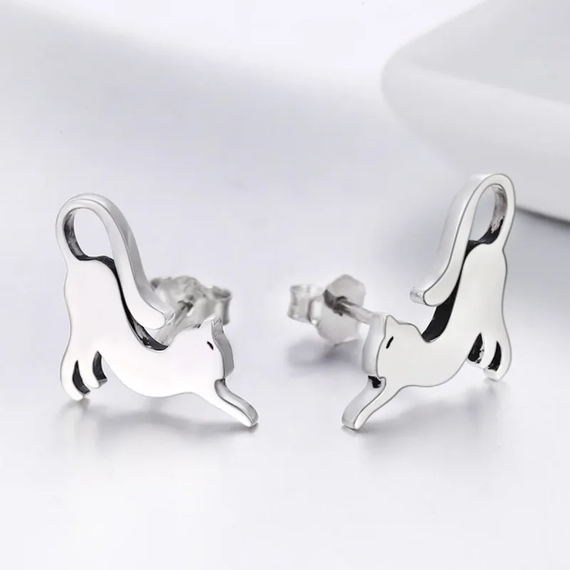 (image for) Silver Playing Kitty Stud Earrings - PANDORA Style - SCE366 - View 2