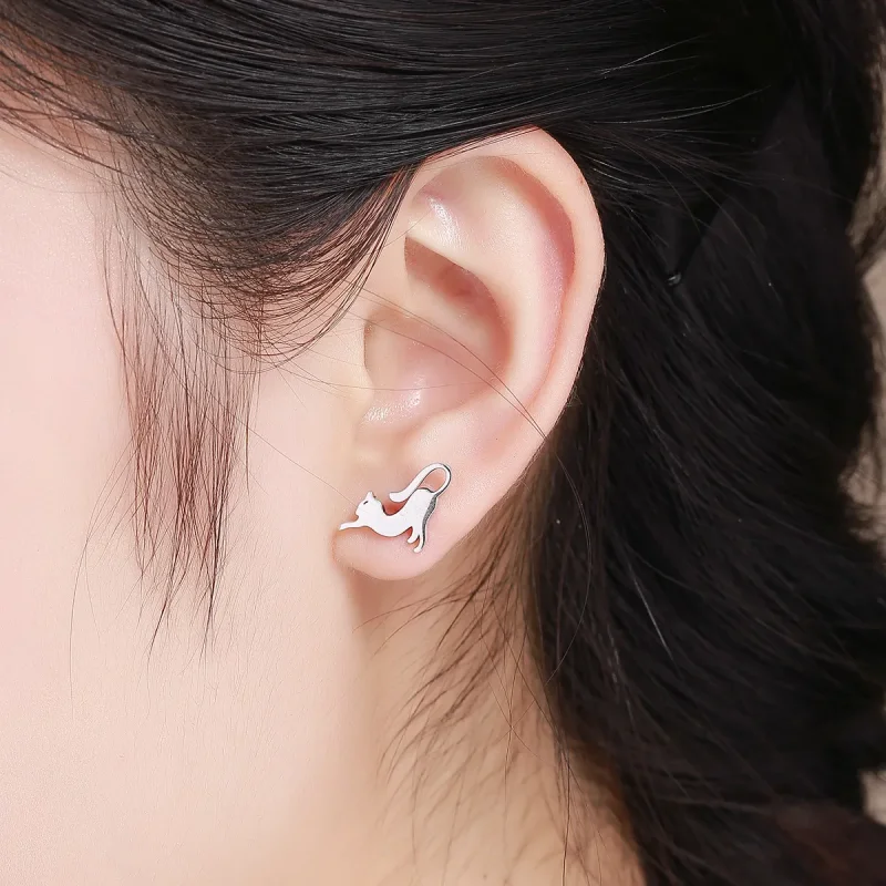 (image for) Silver Playing Kitty Stud Earrings - PANDORA Style - SCE366 - View 4
