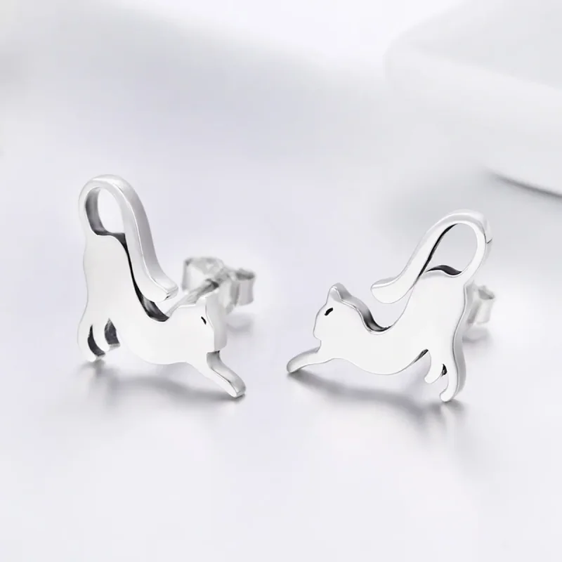(image for) Silver Playing Kitty Stud Earrings - PANDORA Style - SCE366 - View 5