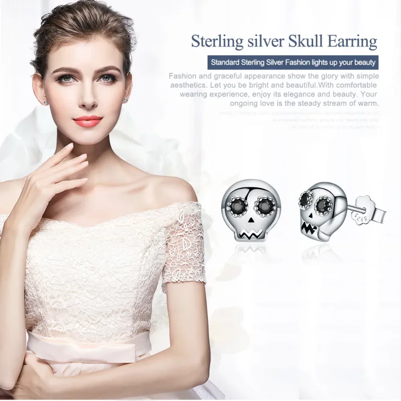 (image for) Silver Skull Stud Earrings - PANDORA Style - SCE064 - View 2