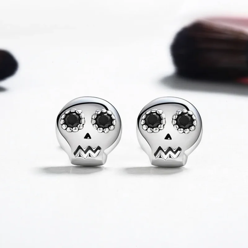 (image for) Silver Skull Stud Earrings - PANDORA Style - SCE064 - View 3