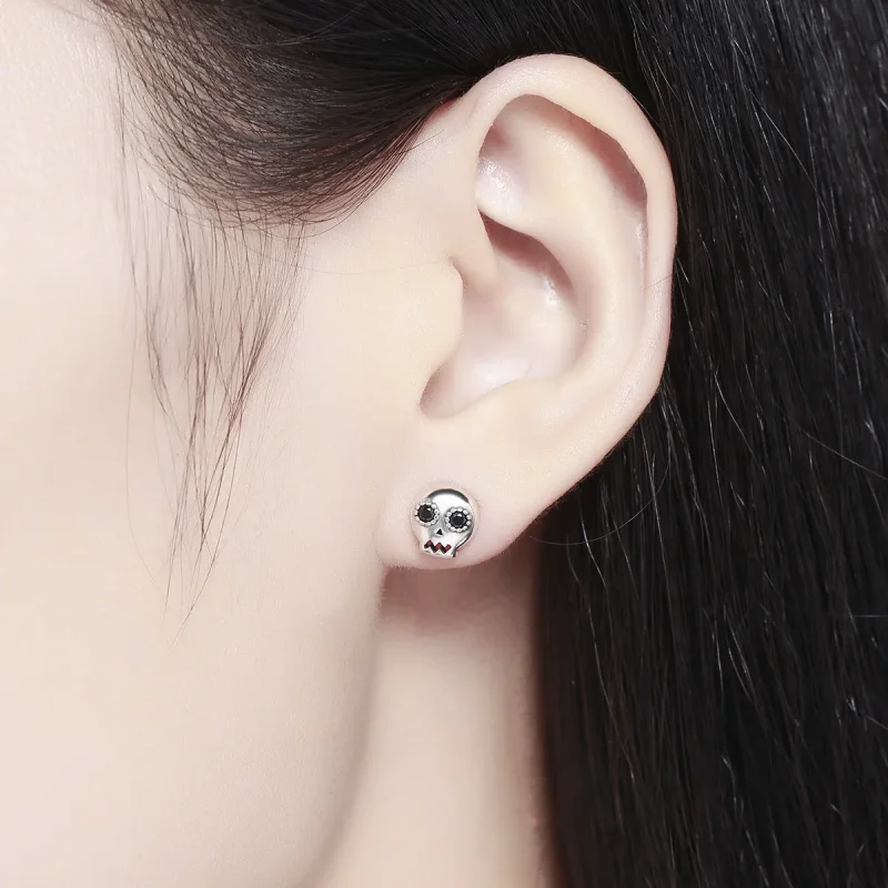 (image for) Silver Skull Stud Earrings - PANDORA Style - SCE064 - View 6