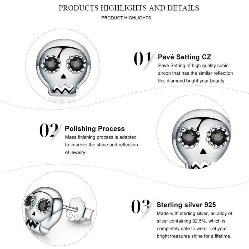 (image for) Silver Skull Stud Earrings - PANDORA Style - SCE064 - View 7