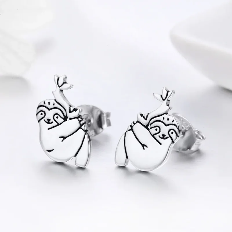 (image for) Silver Sloth Stud Earrings - PANDORA Style - SCE327 - View 4