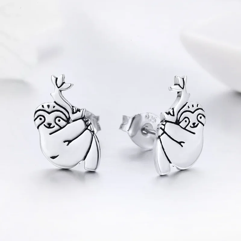 (image for) Silver Sloth Stud Earrings - PANDORA Style - SCE327 - View 5