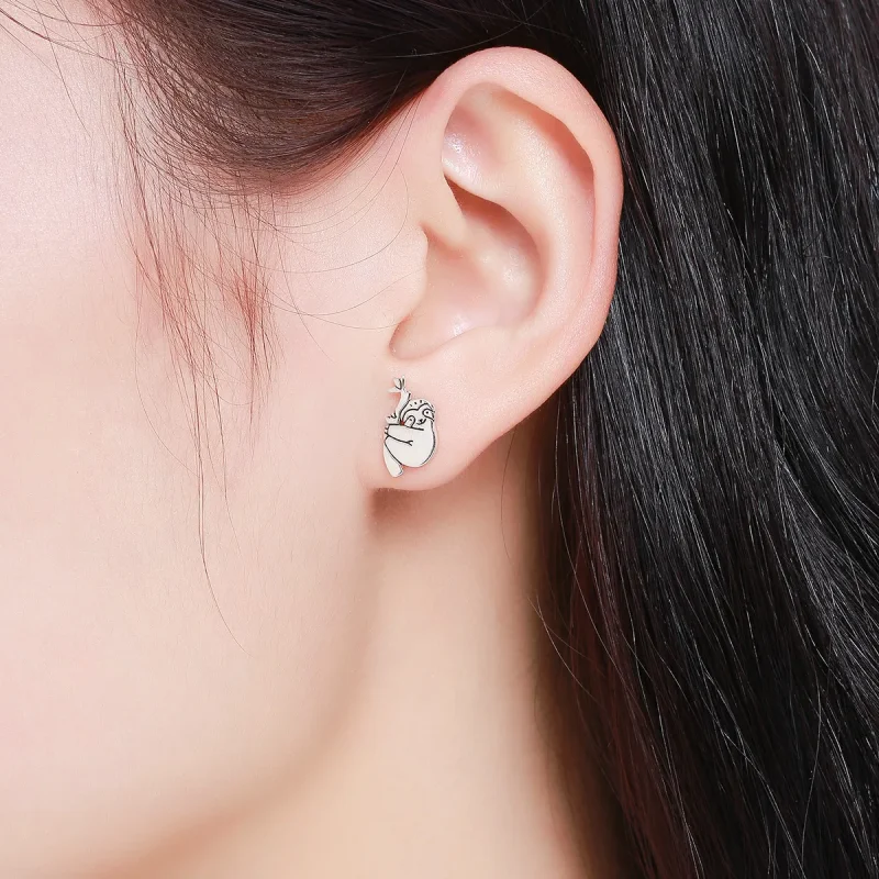 (image for) Silver Sloth Stud Earrings - PANDORA Style - SCE327 - View 7
