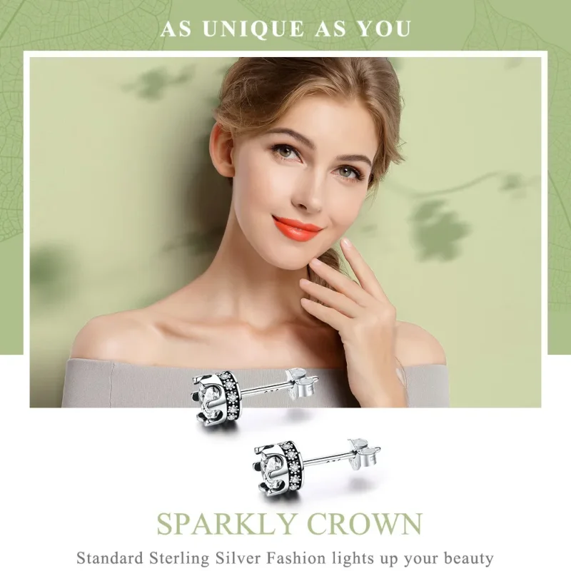 (image for) Silver Sparkly Crown Stud Earrings - PANDORA Style - SCE311 - View 2