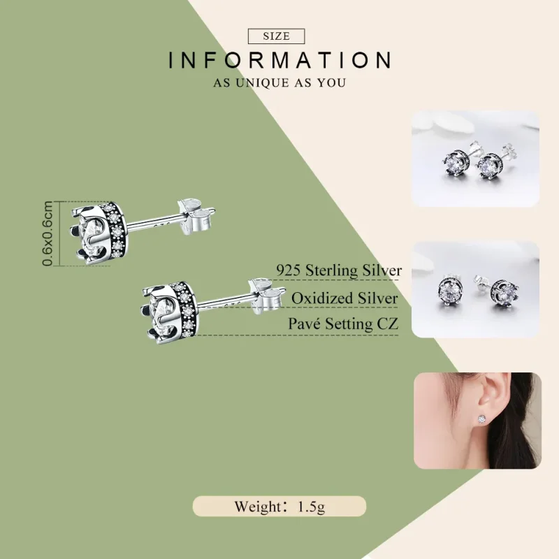 (image for) Silver Sparkly Crown Stud Earrings - PANDORA Style - SCE311 - View 4