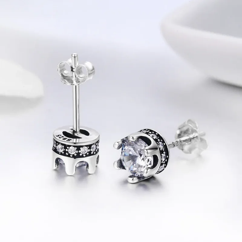 (image for) Silver Sparkly Crown Stud Earrings - PANDORA Style - SCE311 - View 5