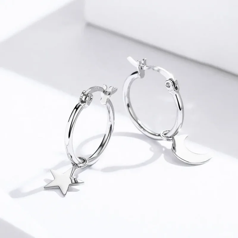 (image for) Silver Star and Moon Asymmetry Hanging Earrings - PANDORA Style - SCE681 - View 2