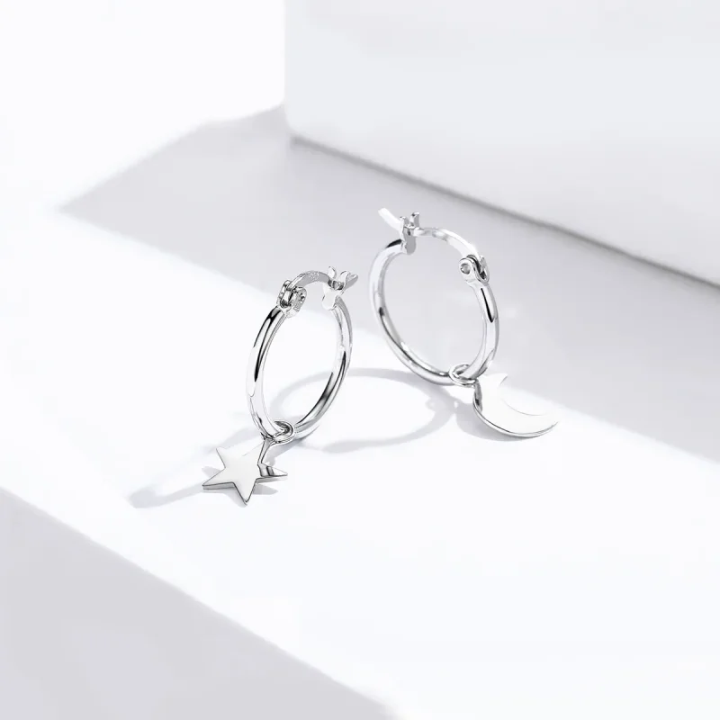 (image for) Silver Star and Moon Asymmetry Hanging Earrings - PANDORA Style - SCE681 - View 3