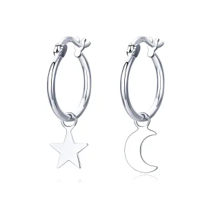 (image for) Silver Star and Moon Asymmetry Hanging Earrings - PANDORA Style - SCE681