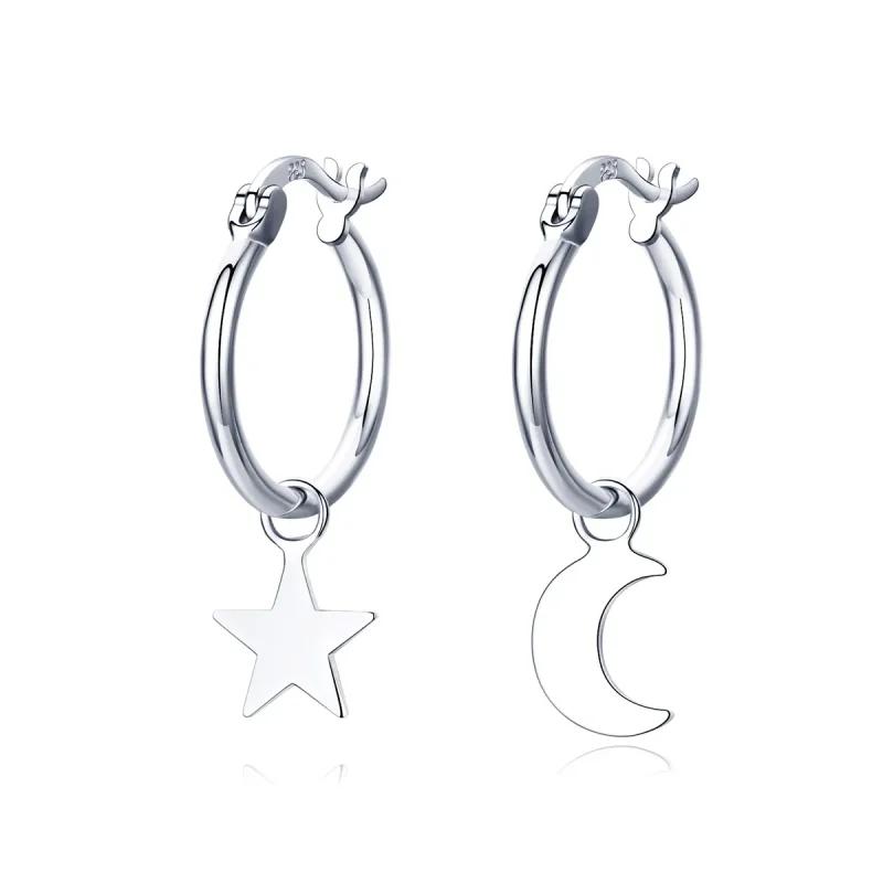 (image for) Silver Star and Moon Asymmetry Hanging Earrings - PANDORA Style - SCE681 - Product Image